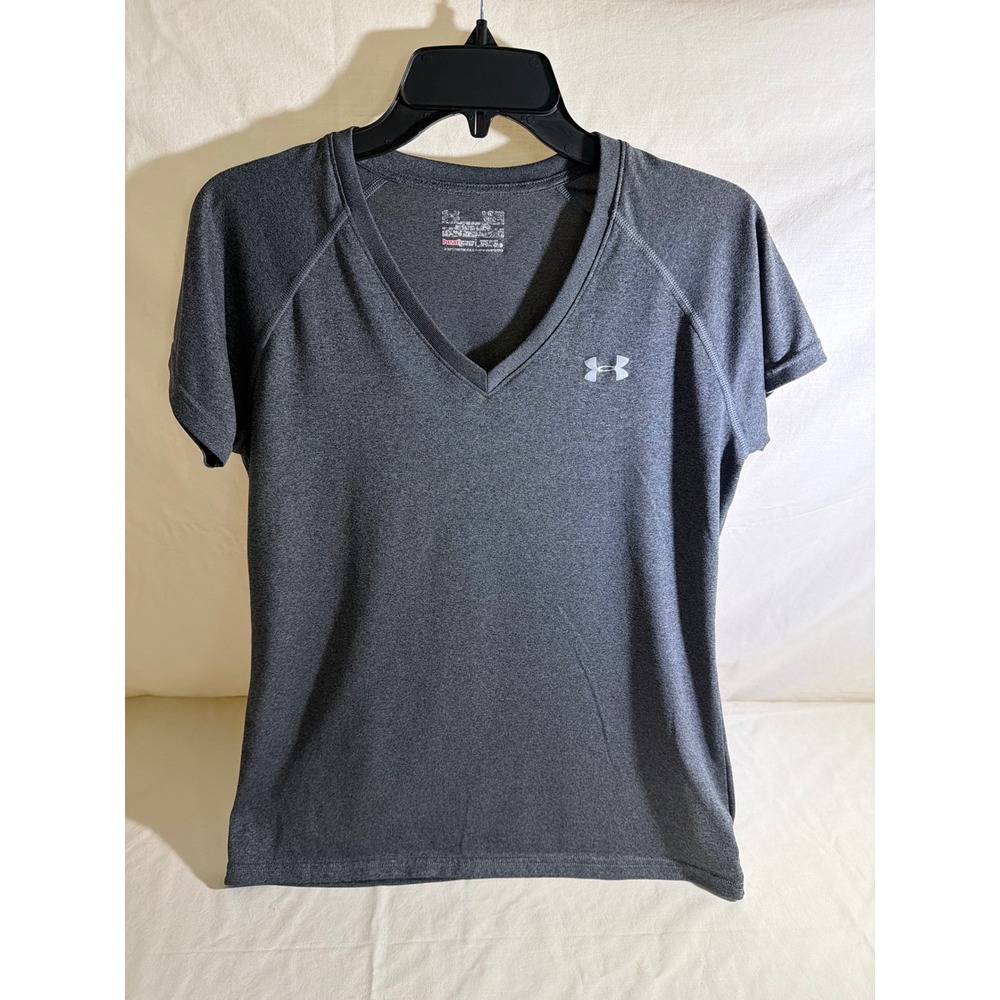Under Armour HeatGear Womens V-Neck Short Sleeve Athletic T-Shirt Gray Medium